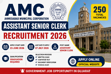 AMC Assistant Senior Clerk Recruitment 2026 notification image showing 250 vacancies, eligibility details, application dates, and Ahmedabad Municipal Corporation recruitment information.