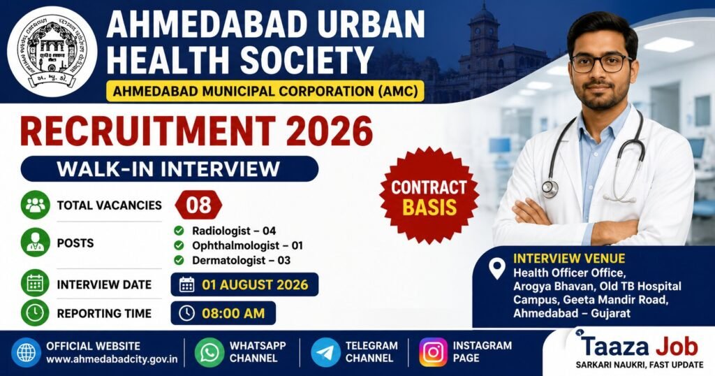 Ahmedabad Urban Health Society Recruitment 2026 Walk-in Interview for 8 Specialist Medical Officer Posts