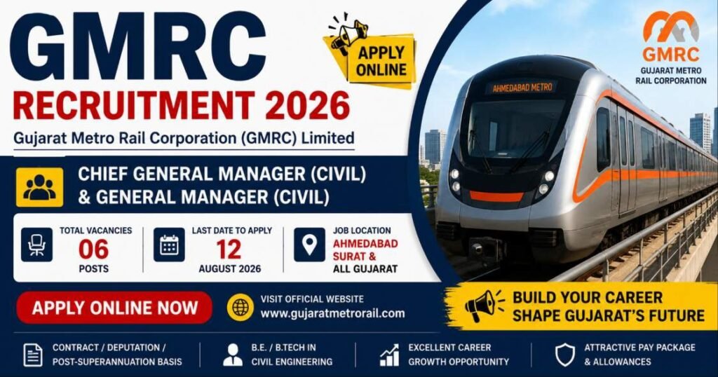 Official recruitment banner for Gujarat Metro Rail Corporation (GMRC) Recruitment 2026 showing metro train and job details
