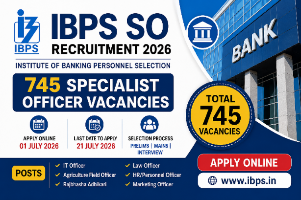 IBPS SO Recruitment 2026 Result notification showing 745 Specialist Officer vacancies, eligibility, application dates, selection process, and online application details.