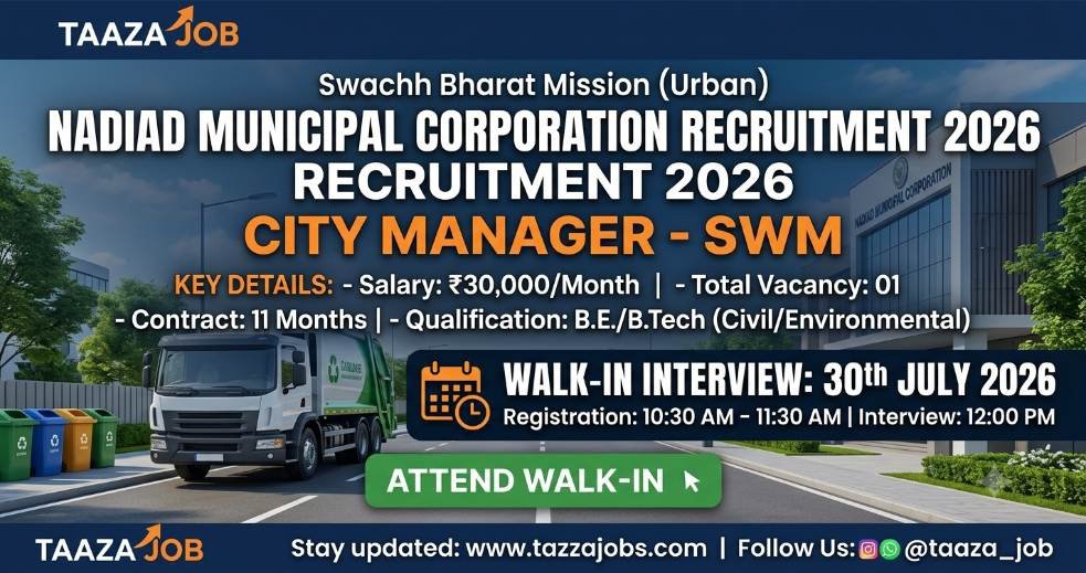 Official recruitment banner for Nadiad Municipal Corporation Recruitment 2026 Walk-in Interview for City Manager SWM post with salary details.