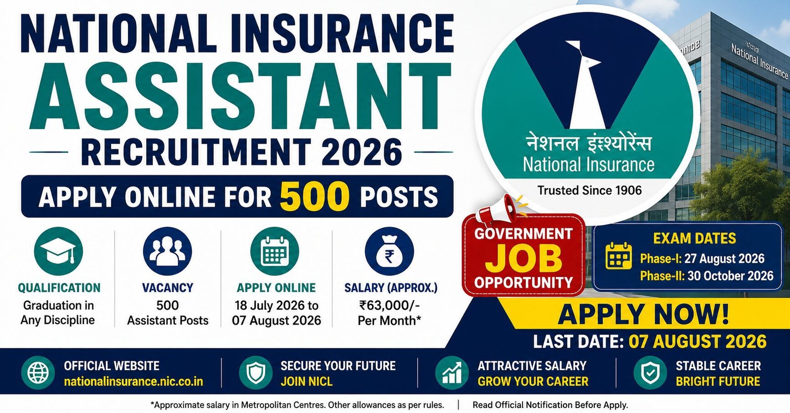 National Insurance Assistant Recruitment 2026: Apply Online for 500 Assistant Posts