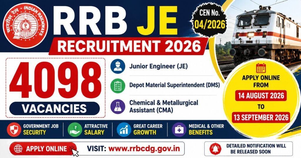 RRB JE Recruitment 2026 notification for 4098 vacancies including Junior Engineer, Depot Material Superintendent and Chemical & Metallurgical Assistant posts.