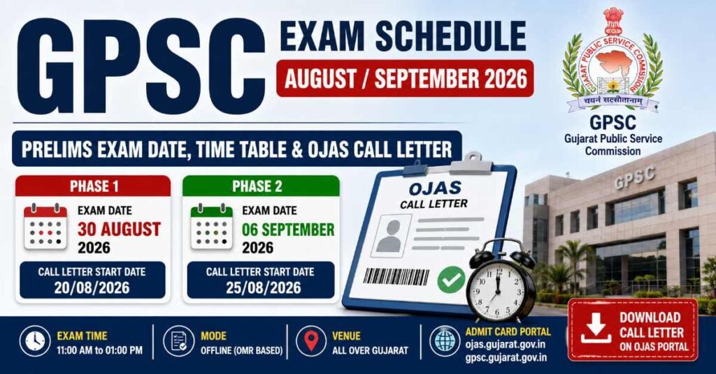 GPSC Exam Schedule August September 2026 with prelims exam dates and OJAS call letter